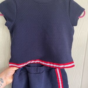Navy Quilted Dress with Red and White Stripes